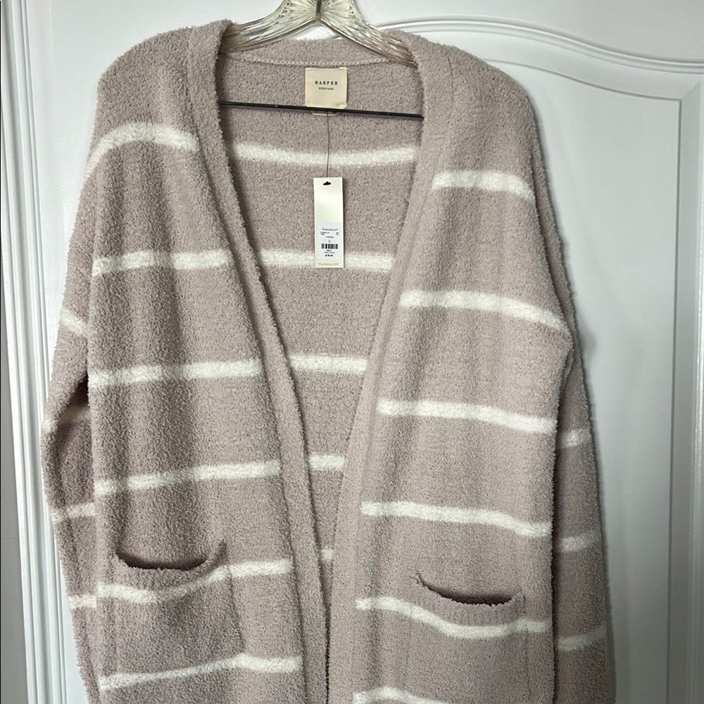 Cozy Striped Cardigan Sweater in Light Taupe and White from Francesca’s